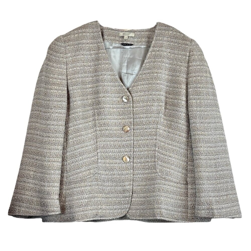 Santorelli Italy Mila Tweed Buttoned Blazer Jacket Silver Gray Beige Size 12